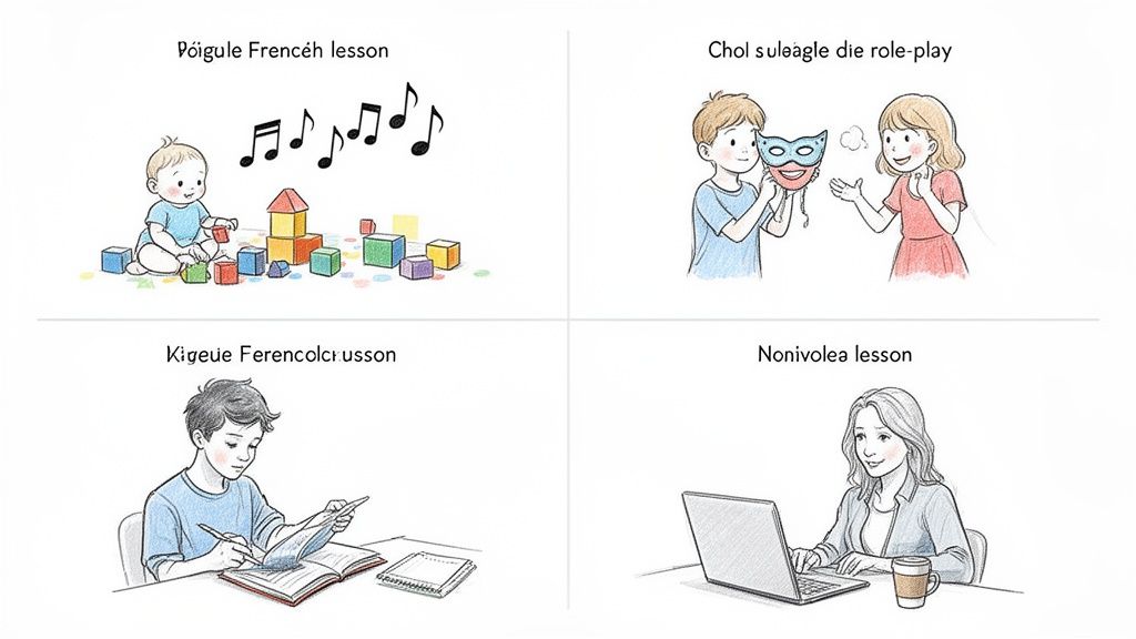 四幅图描绘了不同年龄段的学习场景，从婴儿游戏到成人在线学习。