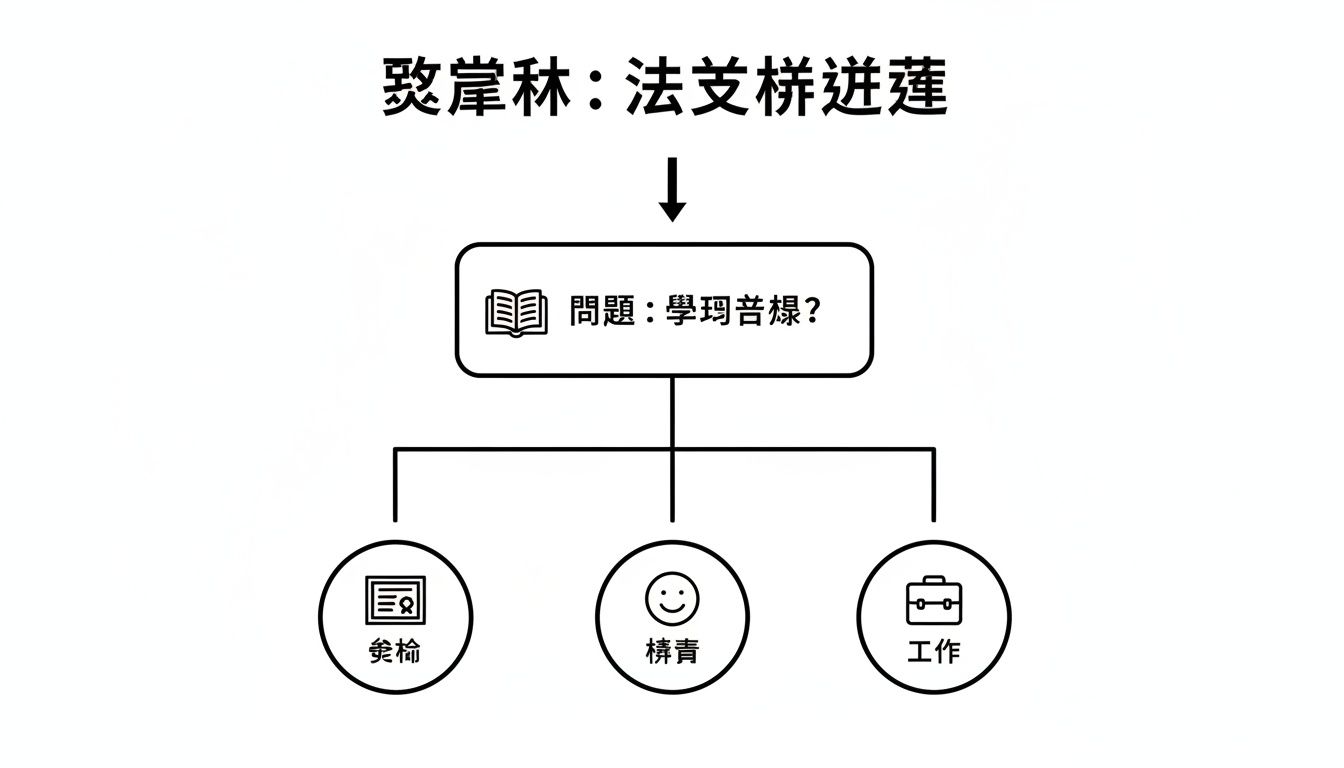 流程圖，展示法文暑期班資訊，包括學習法文、簽證、青年與工作選項。