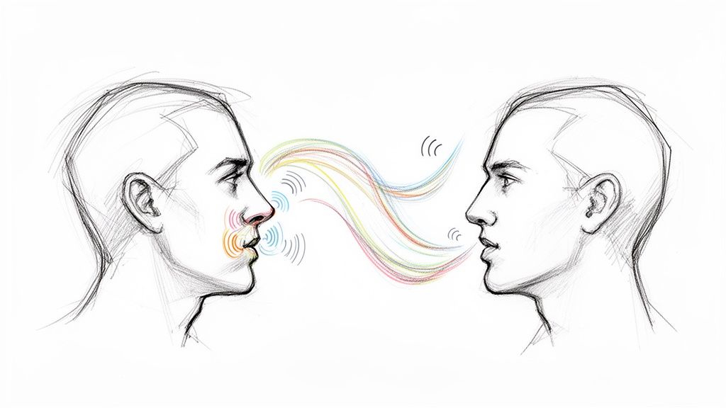 两个人侧面相对，彩色线条和波纹代表交流与感官互动。