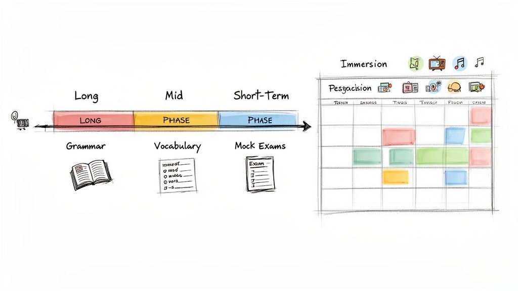 描绘了语言学习的长期规划，包括语法、词汇和模拟考试阶段，以及沉浸式学习日程表。