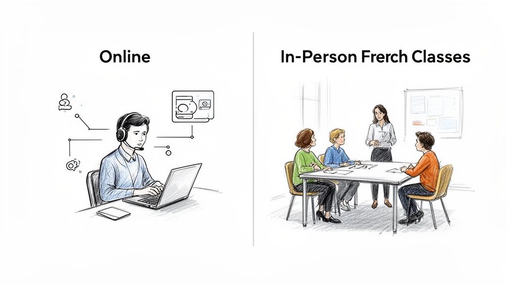 图片对比在线和实体法文课程，左边电脑学习，右边老师课堂授课。