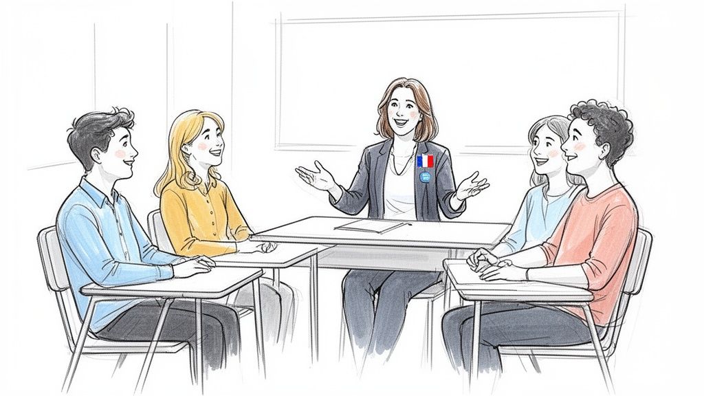 法语老师在课堂上与学生们进行生动的交流和讨论，气氛活跃。