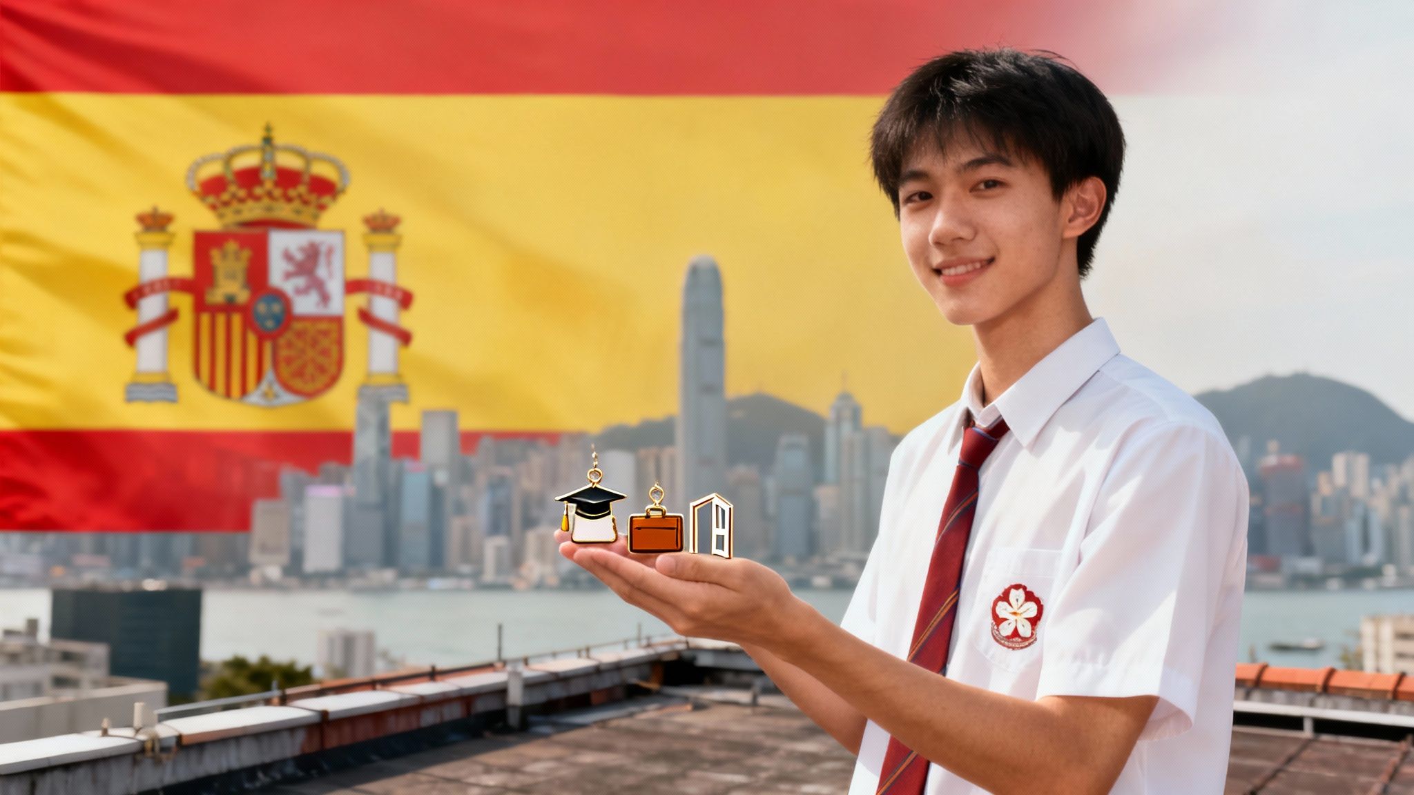 一位学生手持毕业帽、公文包和房屋图标，背景为西班牙国旗与香港城市风光。