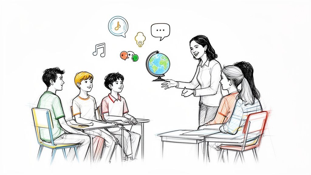 一位老师在课堂上用地球仪向学生们讲解，学生们坐着认真听讲并积极互动。