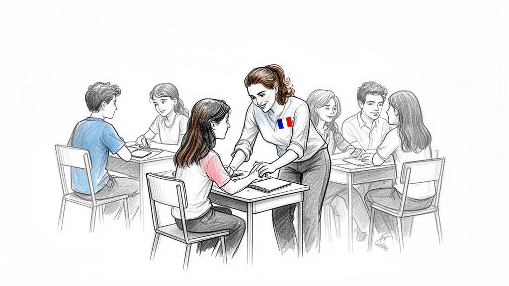 一位佩戴法国国旗胸针的老师正在教室里辅导学生，周围还有其他学生在学习。