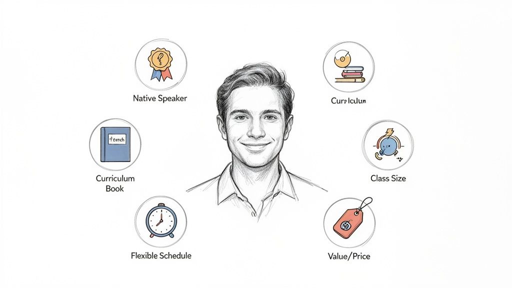 一张图展示了一位男士，周围环绕着法文学习课程的关键特点：母语教师、课程大纲、教材、班级规模、价格与弹性时间。