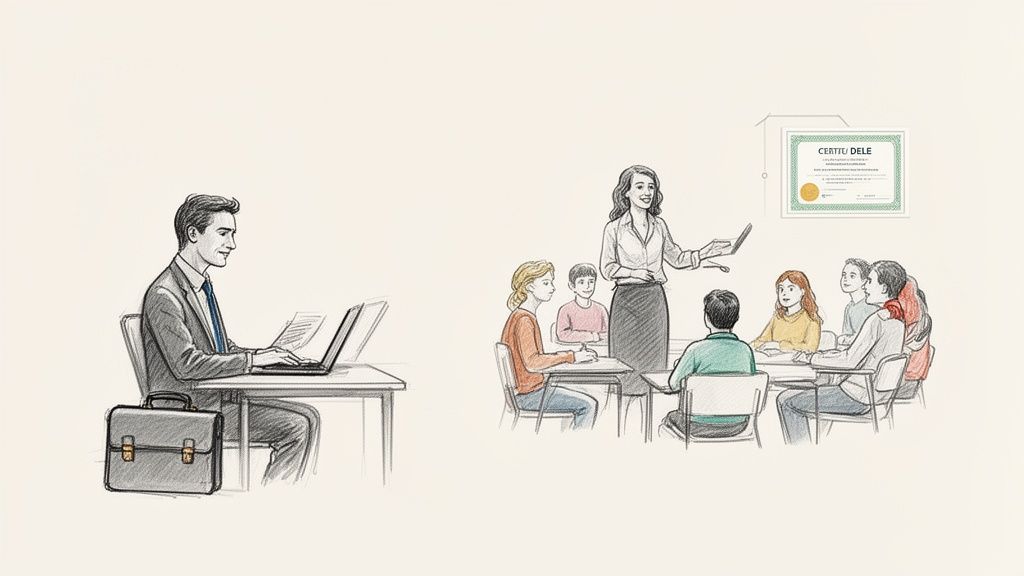 一位男士使用筆記本電腦，另一邊是女老師教導學生，牆上有西班牙文證書。