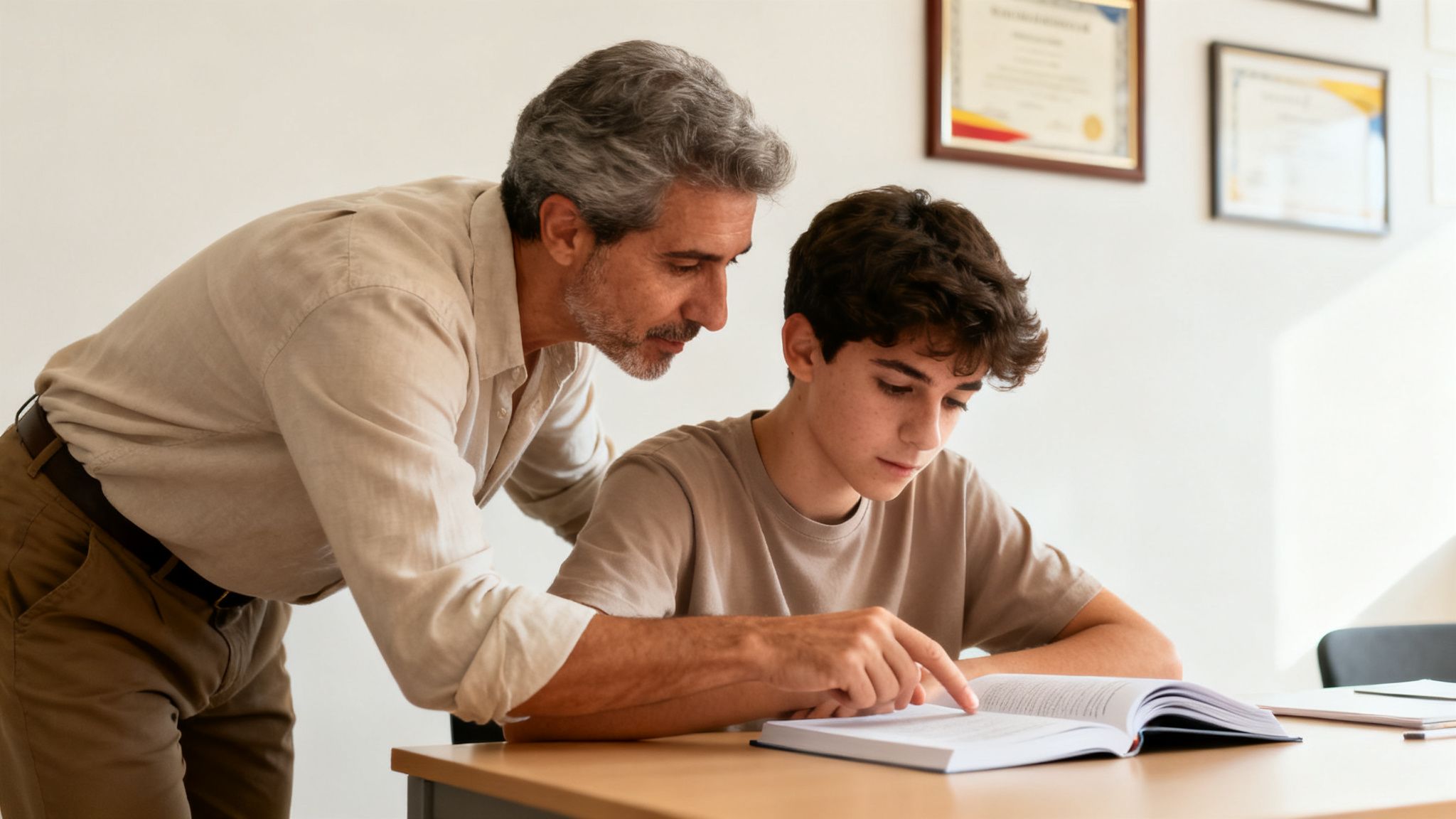 一位中年男子正在辅导一个青少年男孩学习，男子手指着书本，男孩专注阅读。