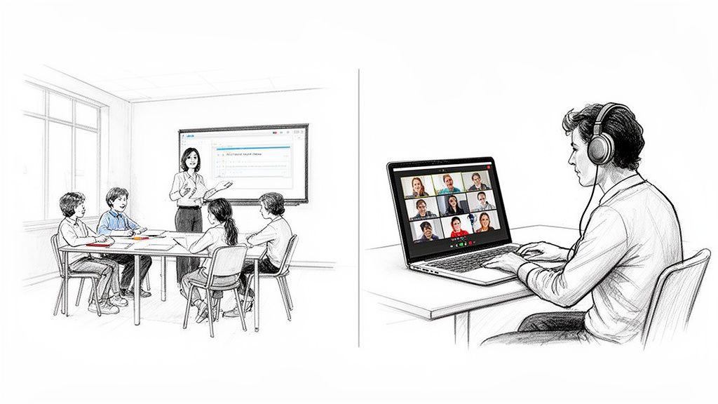 这幅素描图展示了传统课堂教学和线上视频会议两种不同的学习模式。