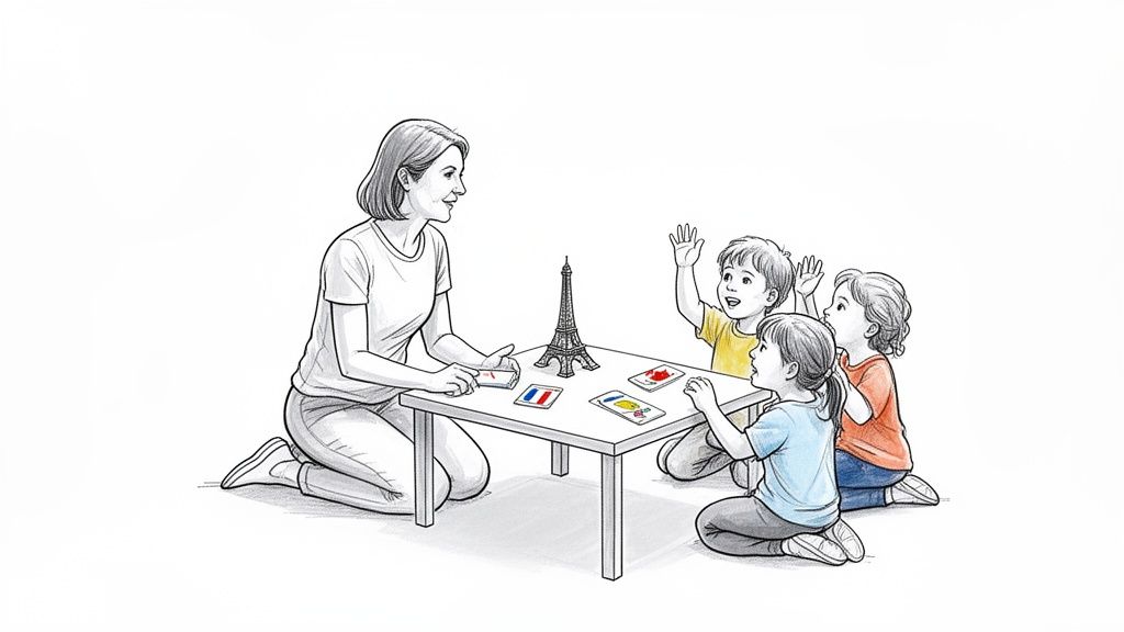 老师和孩子们围着桌子学习法语，桌上有埃菲尔铁塔模型和法国国旗卡片。