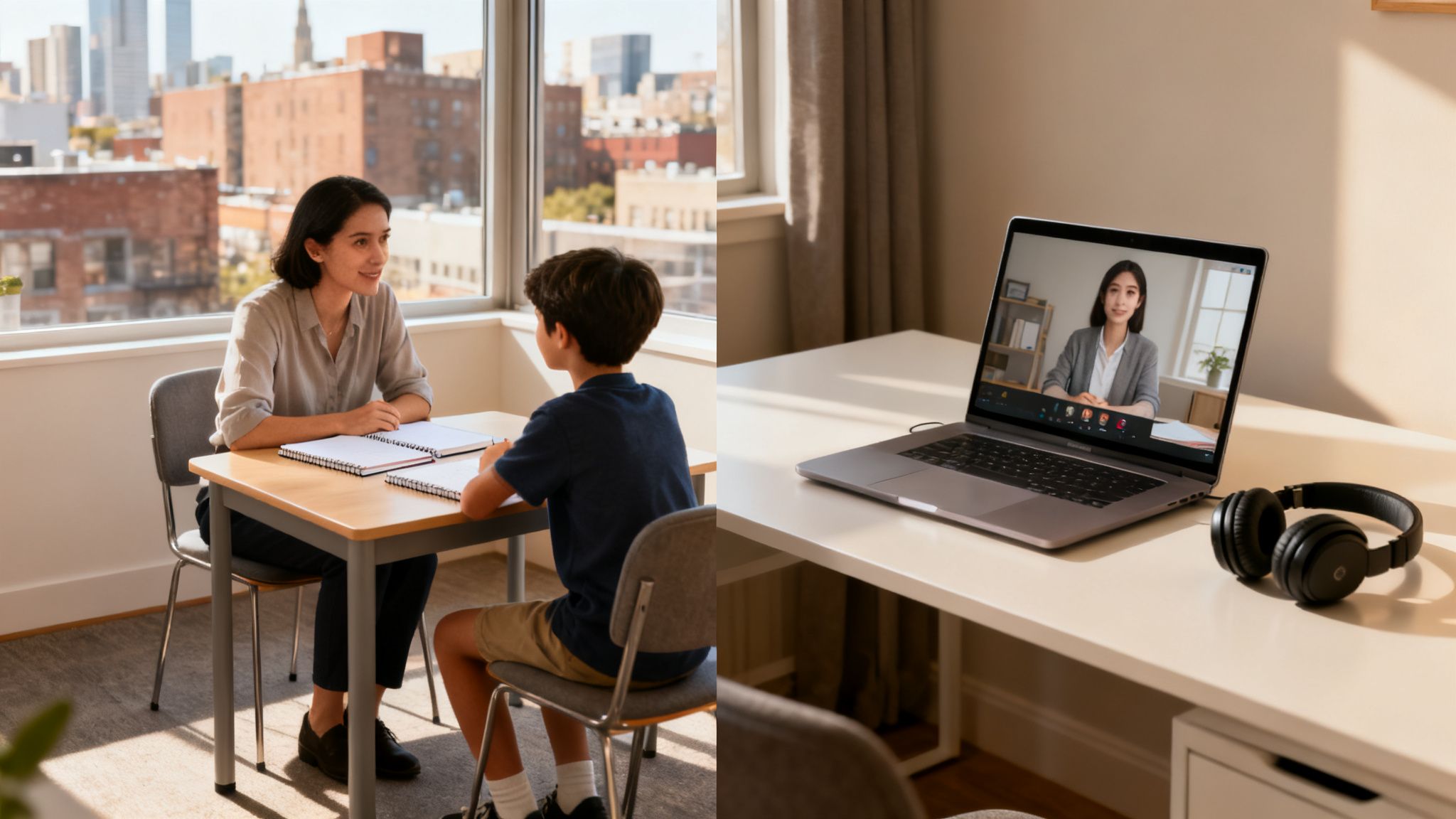 老師與學生面對面學習，筆記型電腦顯示線上教學畫面，展現多種學習模式。