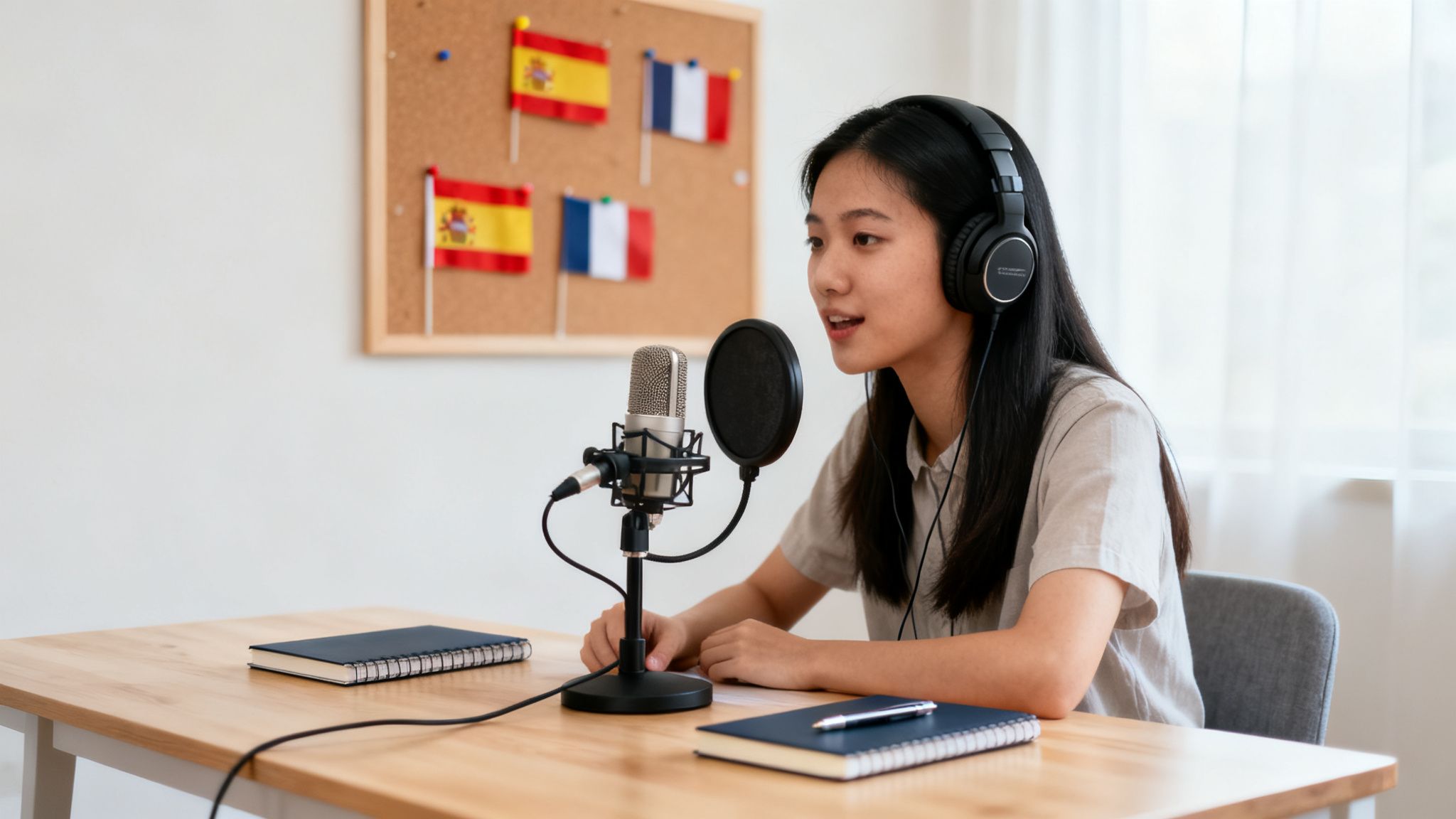 A young woman wearing headphones is speaking into a microphone. There is a notebook on the table, and the background shows the Spanish and French flags.
