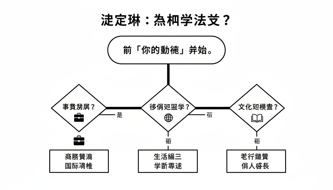 一張解釋學習法文動機的流程圖，包含商業、學術和文化層面。