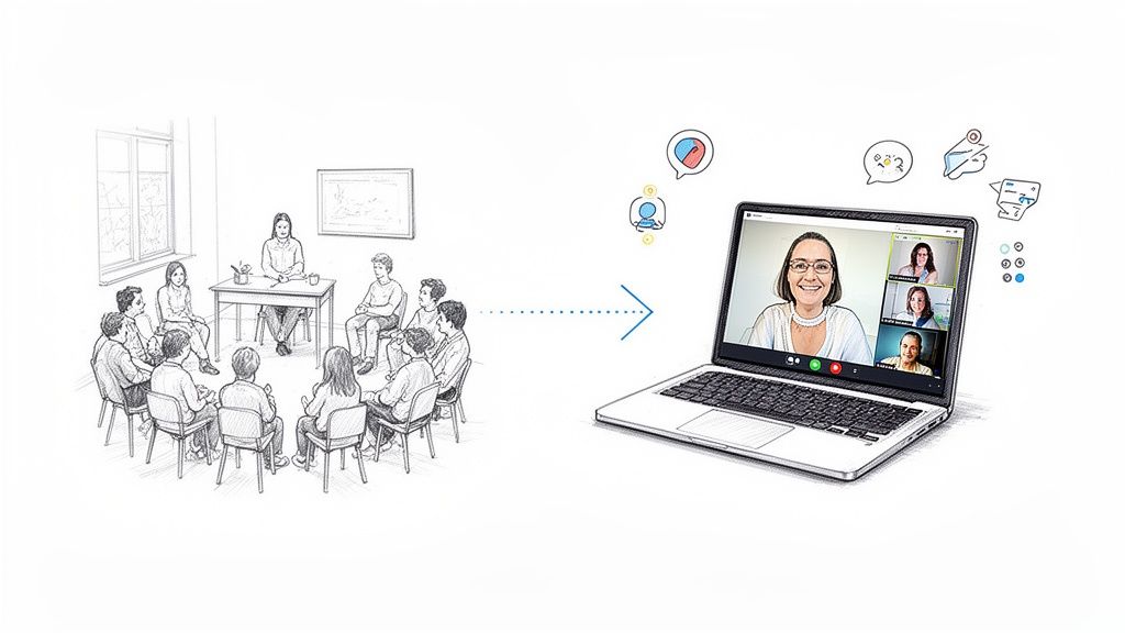 A group of people sitting around sketching has transformed into a video conference on a laptop, symbolizing online learning and communication.