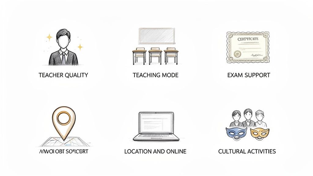 The image showcases six core features of the French language course, including teacher quality, teaching methods, exam support, location, online learning options, and cultural activities.