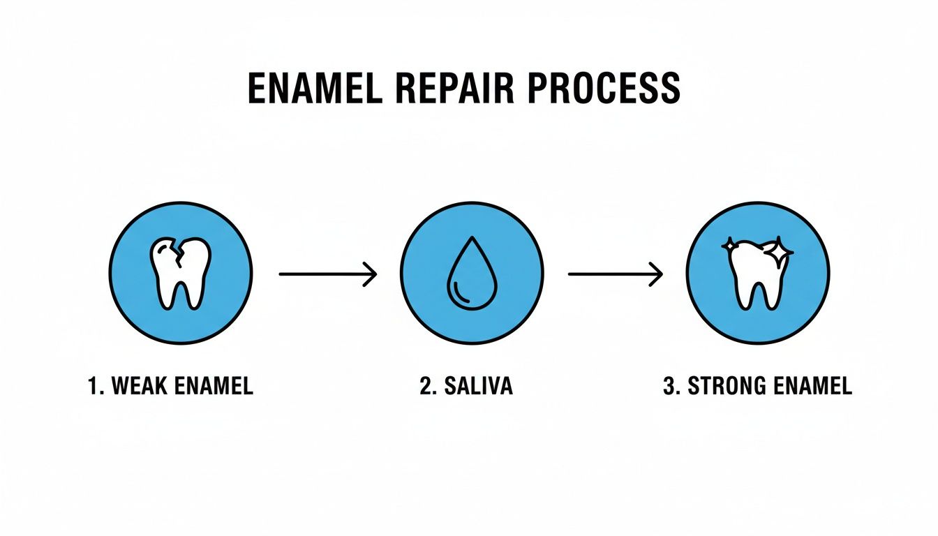 An infographic illustrating the enamel repair process: weak enamel, then saliva, resulting in strong enamel.