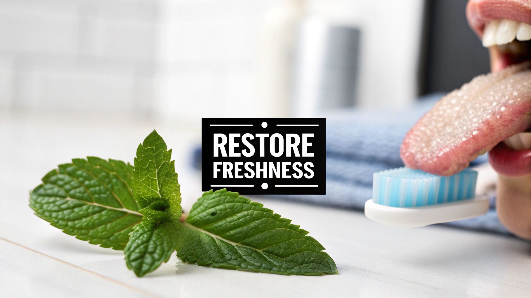 Person cleaning their tongue with a blue brush, next to fresh green mint leaves for freshness.