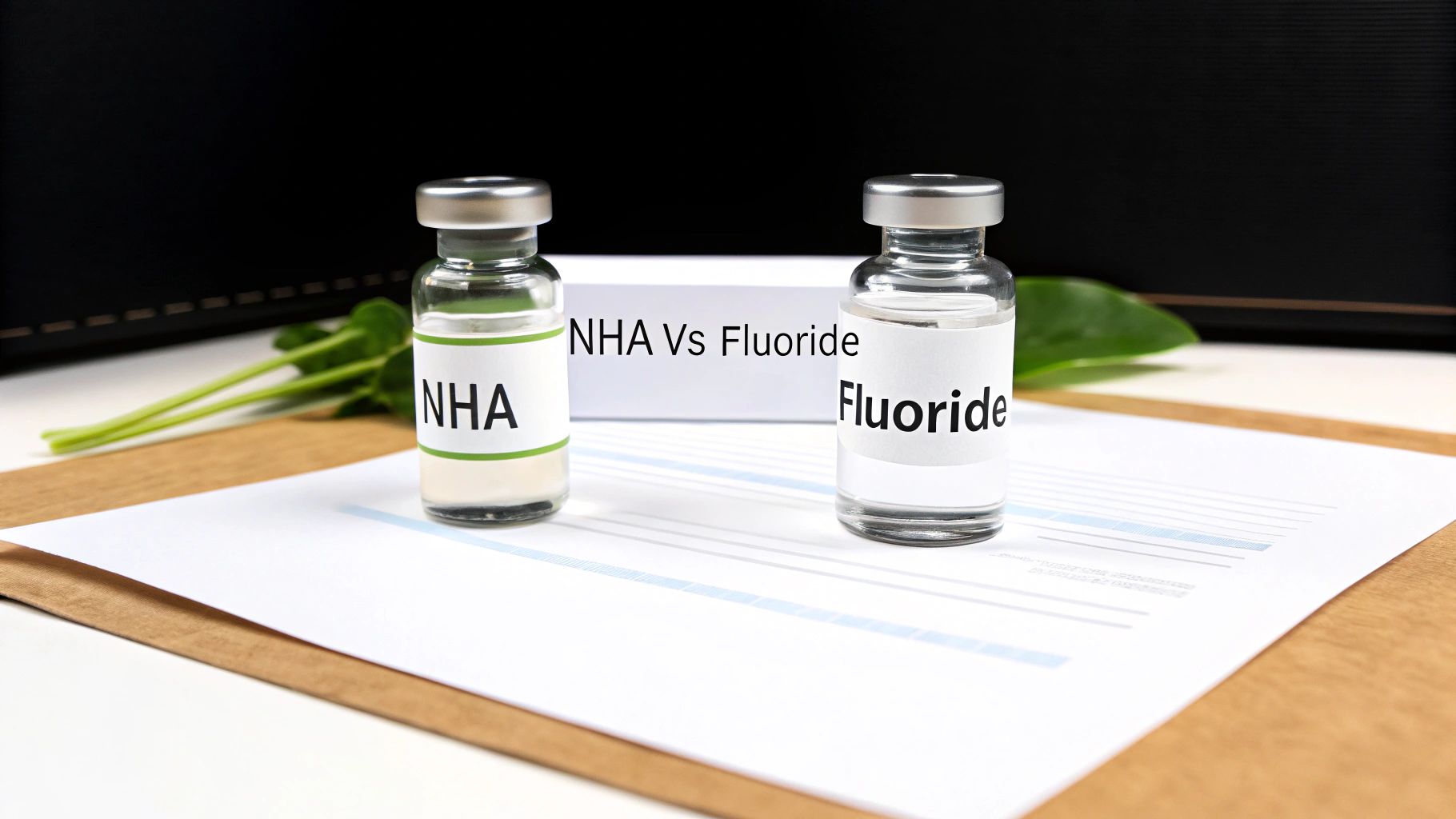 Two labeled vials, one for NHA and another for Fluoride, with a comparison sign.