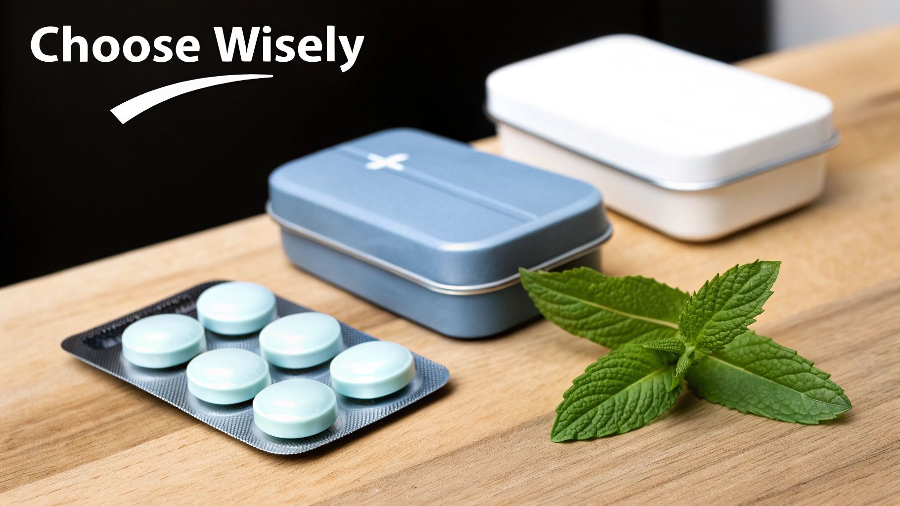 A blister pack of mint-colored pills, fresh mint leaves, and two metal tins on a wooden surface, encouraging a wise choice.