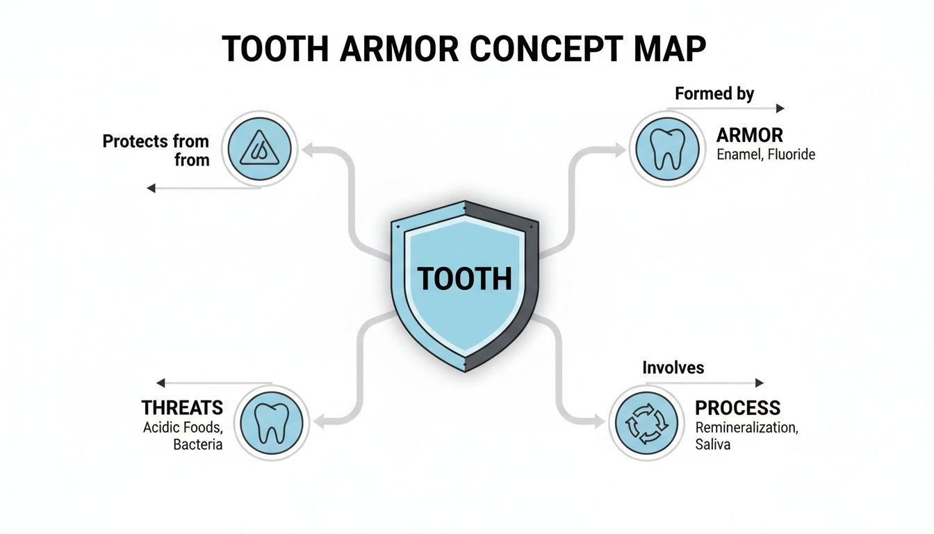 Concept map illustrating tooth armor, formed by enamel and fluoride, protecting against threats like acidic foods and bacteria.