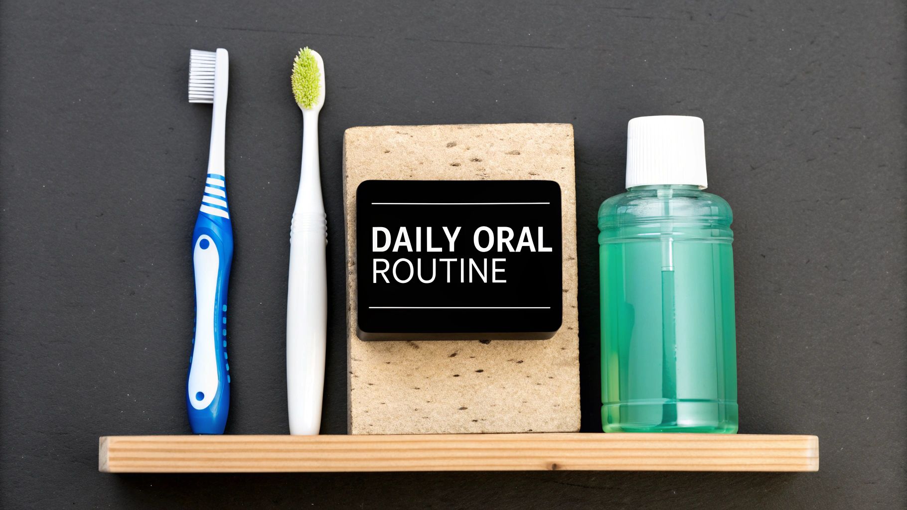 A daily oral routine setup featuring two toothbrushes, a sign, and a bottle of mouthwash.