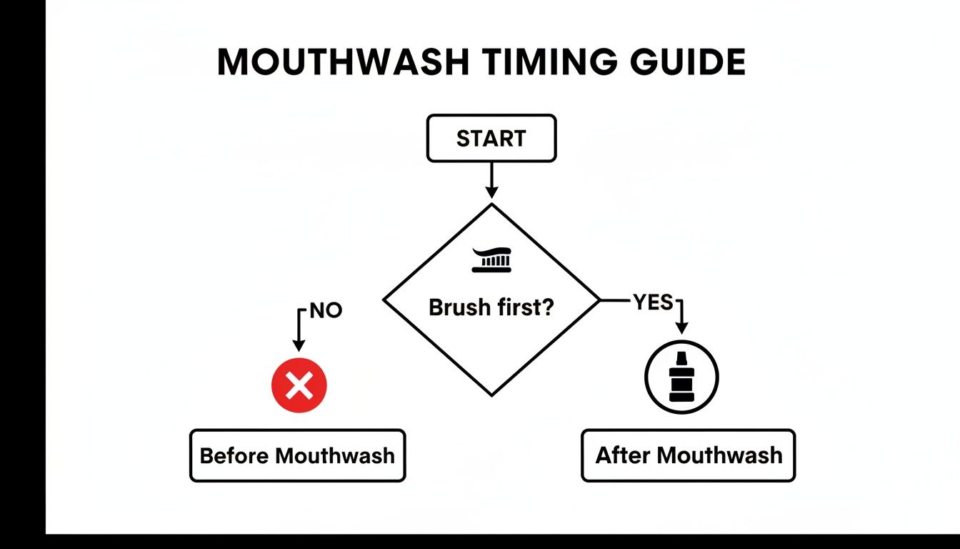 A flowchart titled 'Mouthwash Timing Guide' indicates that brushing first leads to using mouthwash after.