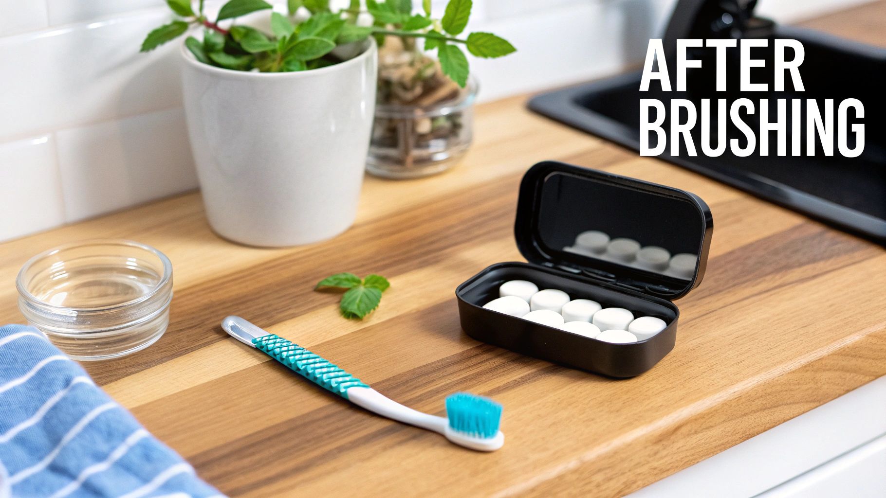 A toothbrush, small glass, and open black tin with white breath mints on a wooden counter, labeled 'After Brushing'.