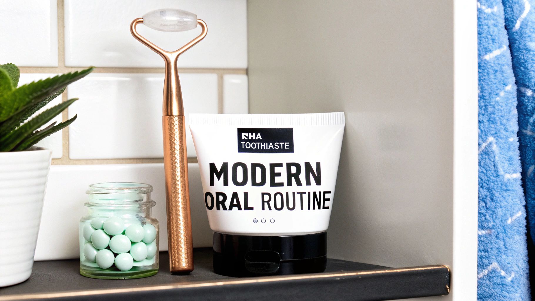 A bathroom shelf features a rose gold facial roller, RHA TOOTHIASTE, mints in a jar, and a plant.