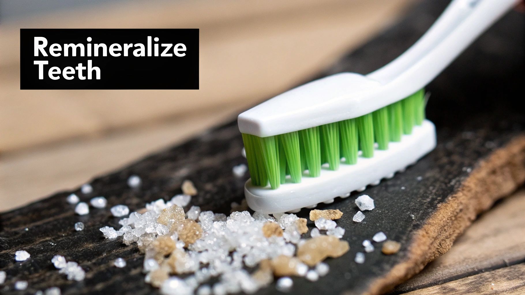 A white toothbrush with green bristles next to coarse salt crystals on a dark surface, with text 'Remineralize Teeth'.