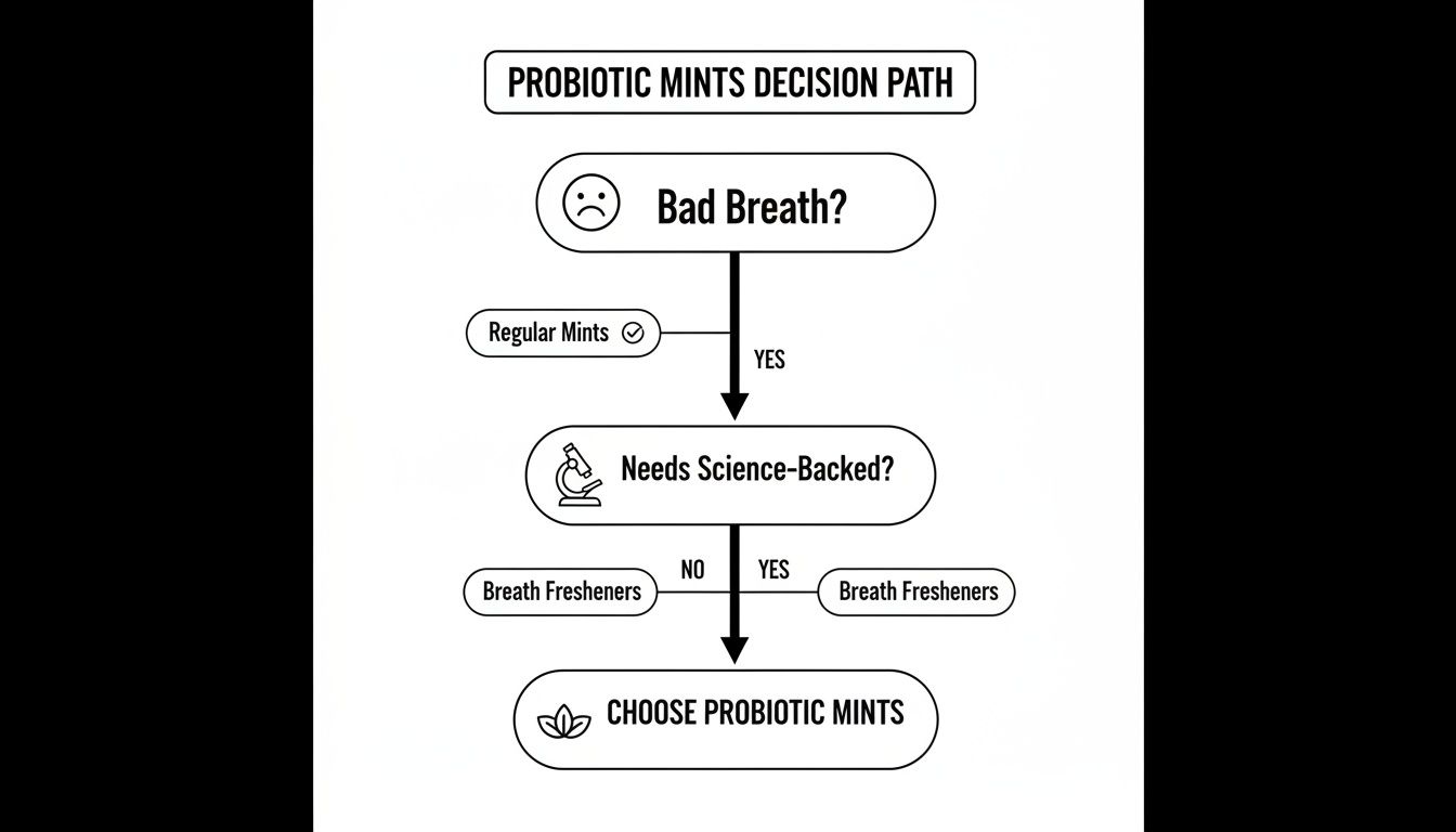 Flowchart outlining the decision path for choosing probiotic mints to address bad breath and science-backed needs.