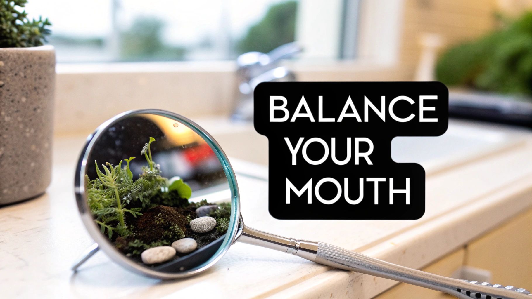 A dental mirror reflecting a tiny terrarium with plants and stones, next to 'BALANCE YOUR MOUTH' text.