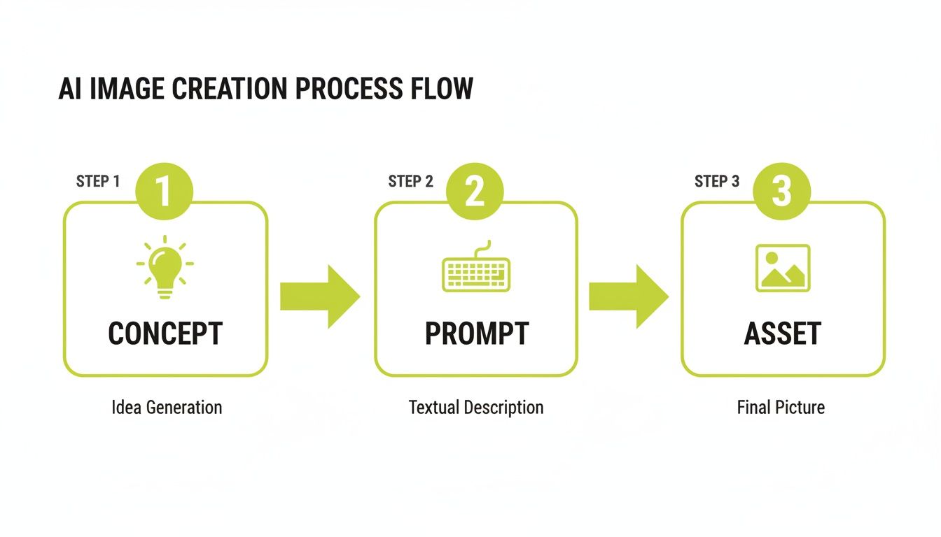 A diagram illustrating the three-step AI image creation process: concept, prompt, and final asset.