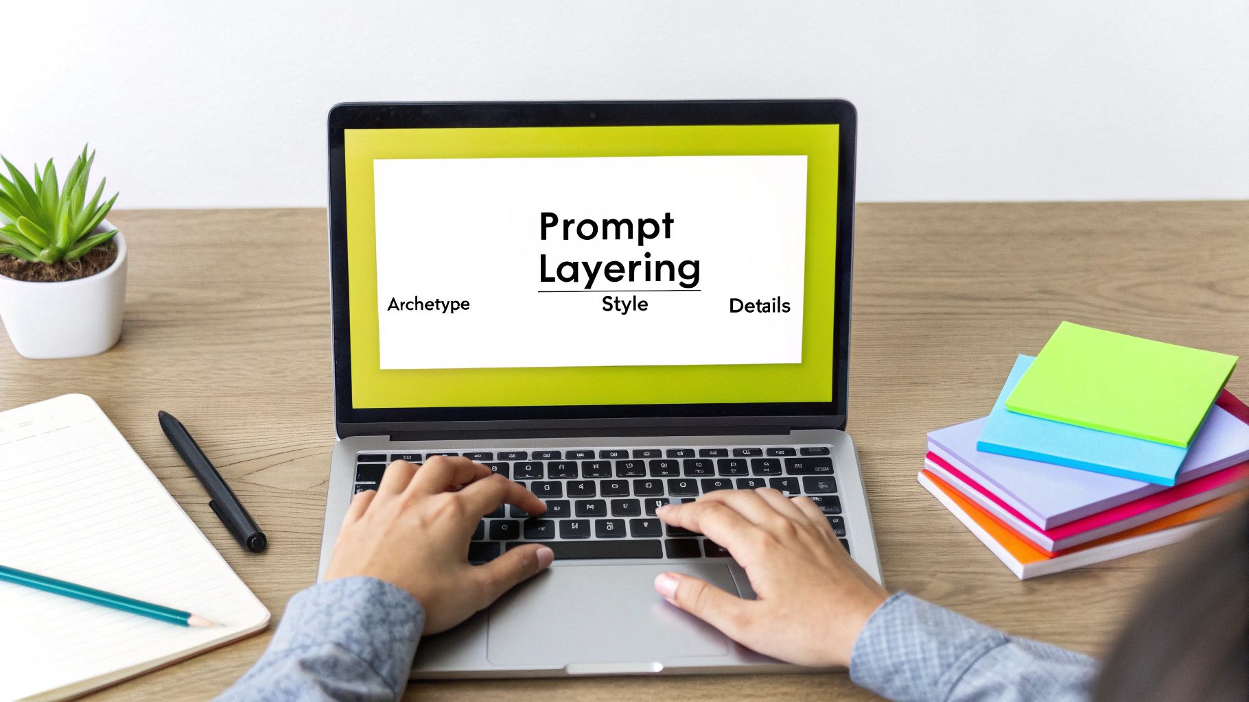 Person typing on a laptop displaying 'Prompt Layering' and categories Archetype, Style, Details, on a wooden desk.