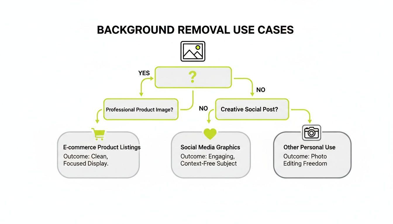 Flowchart illustrating various use cases for background removal, including e-commerce, social media, and personal use.
