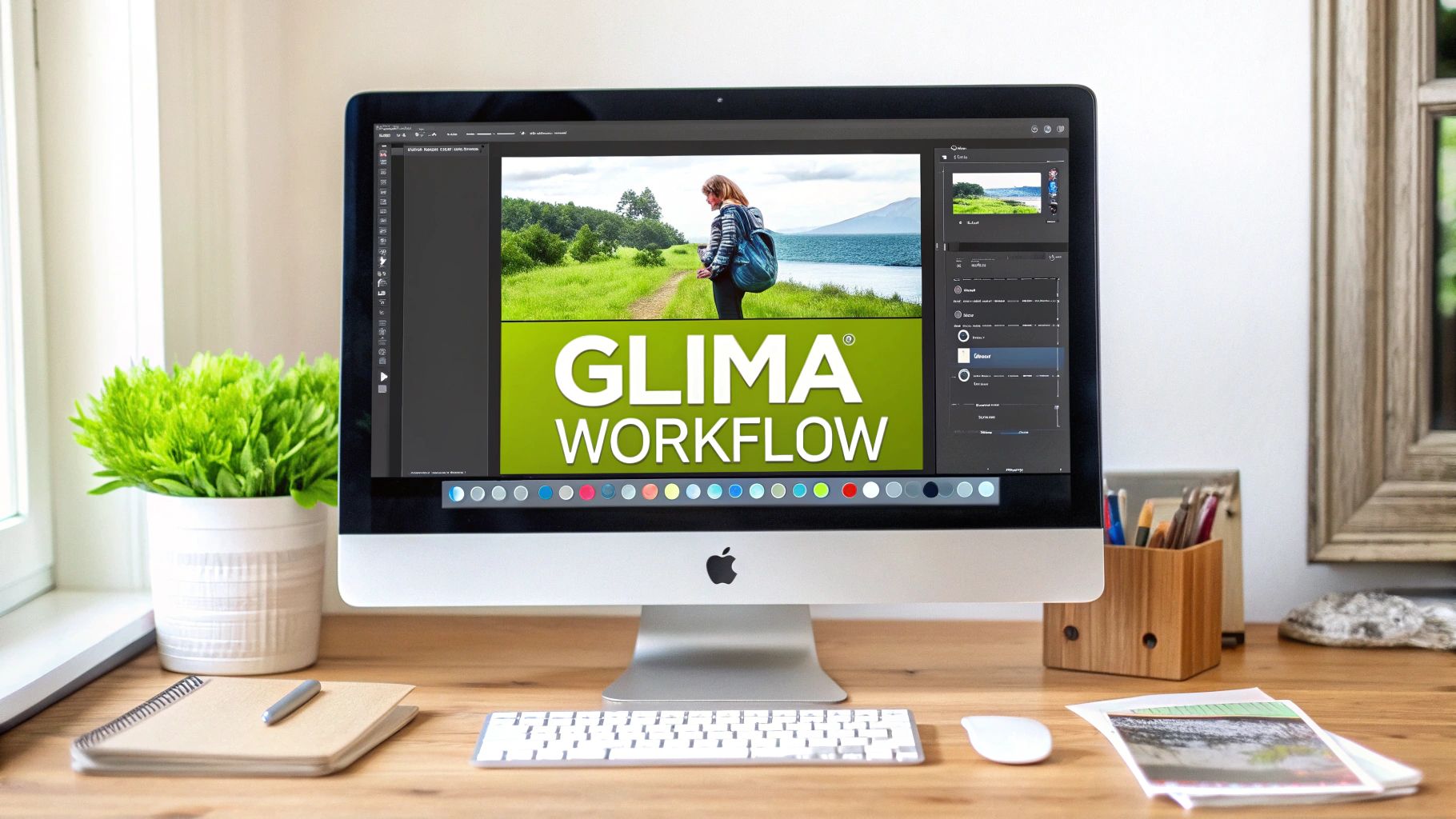 A modern workspace with an iMac displaying 'GLIMA WORKFLOW' and a scenic landscape.