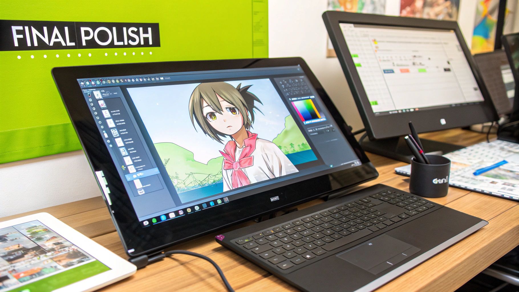 A digital artist's workspace with a large screen tablet displaying an anime character, a keyboard, and monitors.