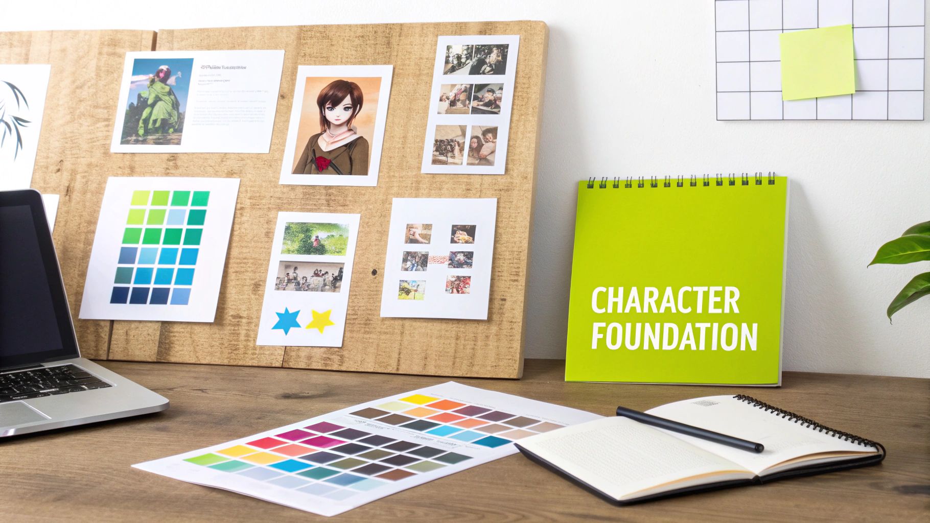 A creative workspace with character design elements, color palettes, and a notebook titled 'CHARACTER FOUNDATION'.