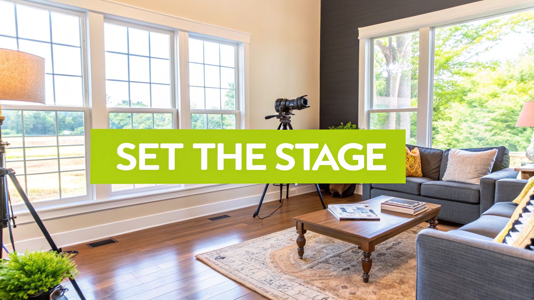 A brightly lit staged living room with a camera on a tripod, sofa, and coffee table, ready for a real estate photoshoot.