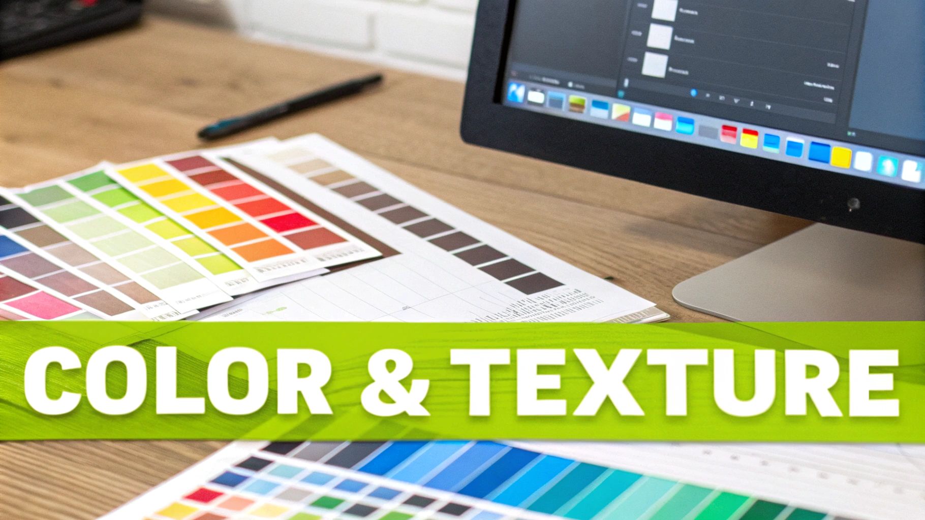 A design workspace featuring color swatch books, a pen, and a computer monitor with 'COLOR & TEXTURE' overlay.
