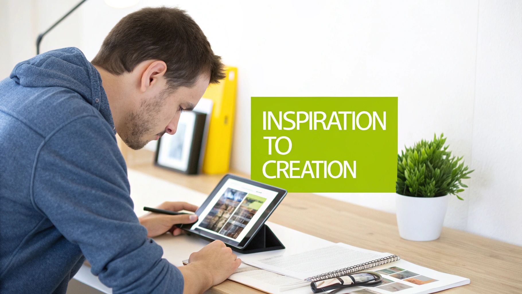 A man in a blue hoodie uses a stylus on a tablet, with 'Inspiration to Creation' text.