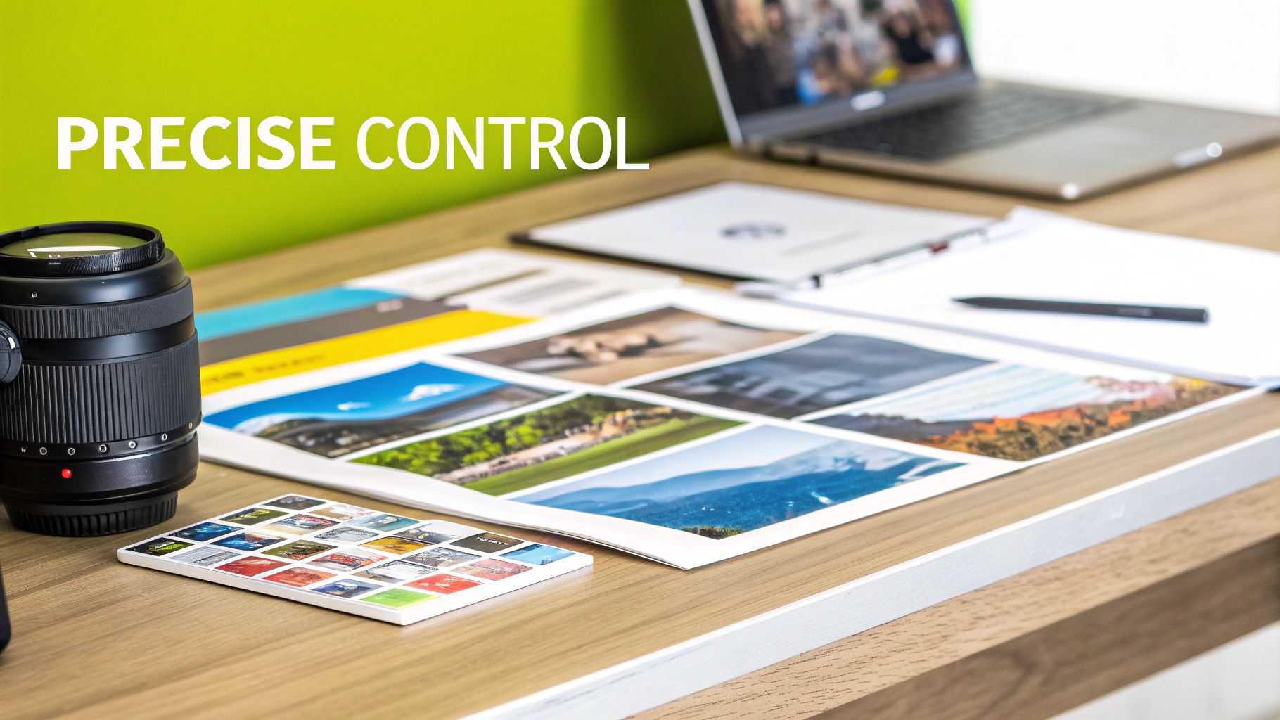 A desk with a camera lens, printed landscape photos, a laptop, and color samples, highlighting precise control.