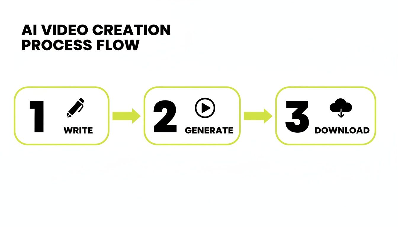 AI video creation process flow: write, generate, and download steps.
