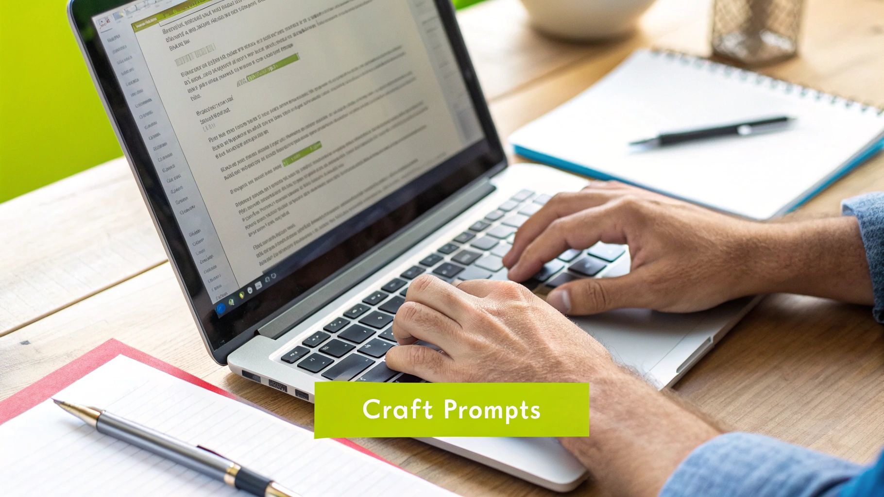 Hands typing on a laptop, crafting prompts with a notebook and pen on a wooden desk.