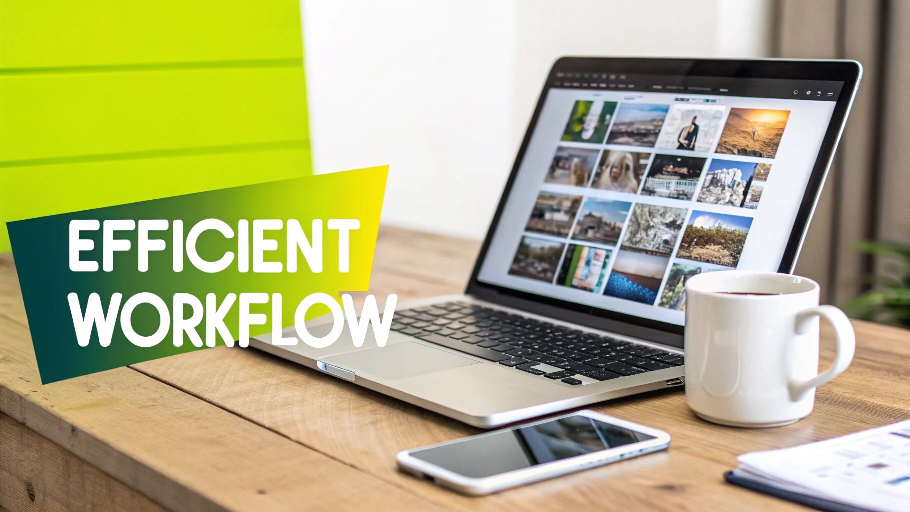 A laptop displaying various images on screen, with a phone and coffee mug on a wooden desk, highlighting an efficient workflow.