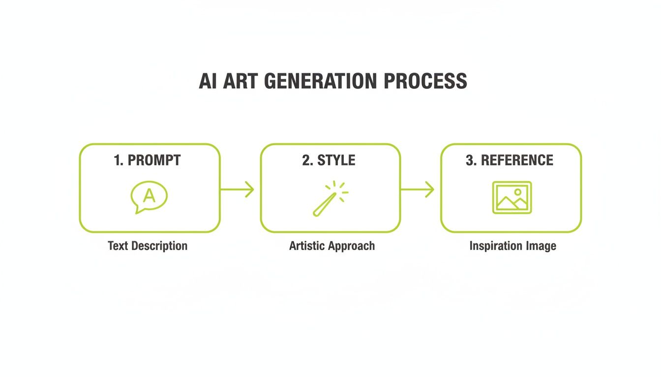 A clear diagram illustrating the AI art generation process, detailing prompt, style, and reference steps.