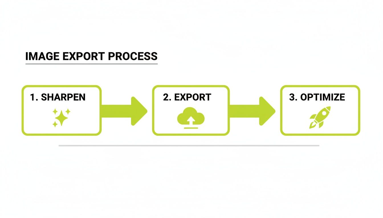A diagram illustrating the three-step image export process: sharpen, export, and optimize with icons.