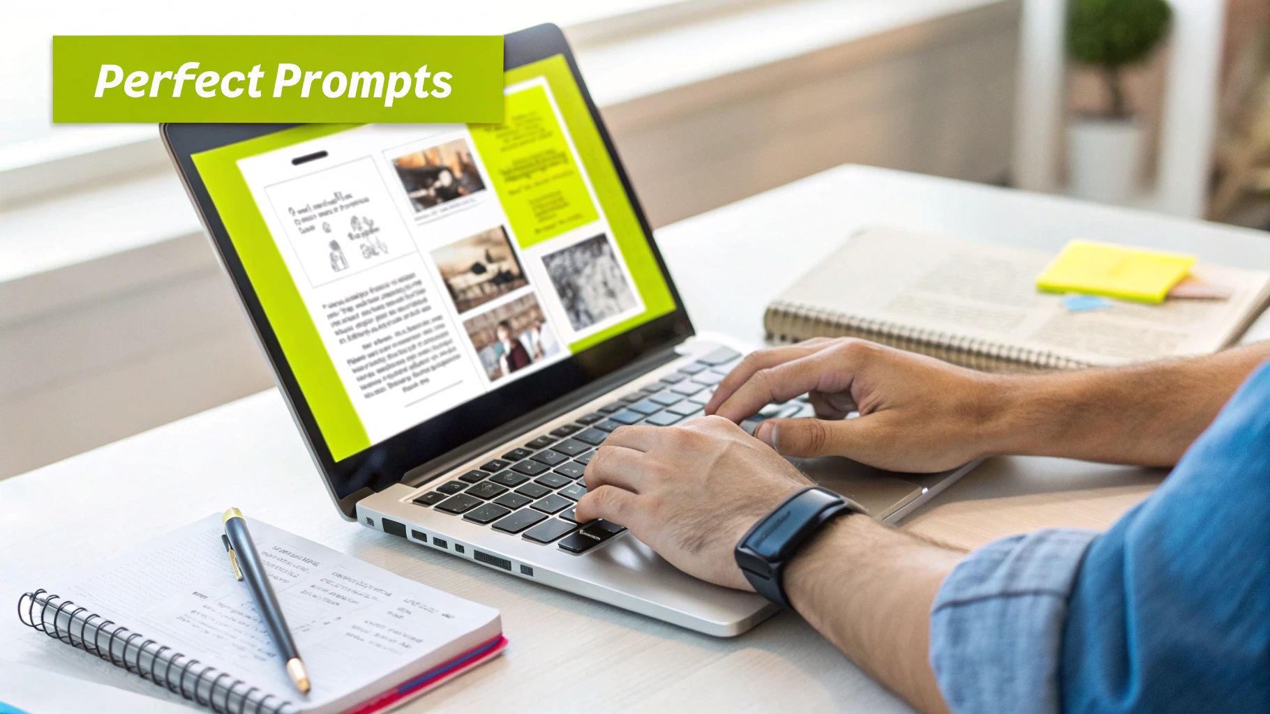A person types on a laptop displaying 'Perfect Prompts' content, with notebooks and a pen on a desk.