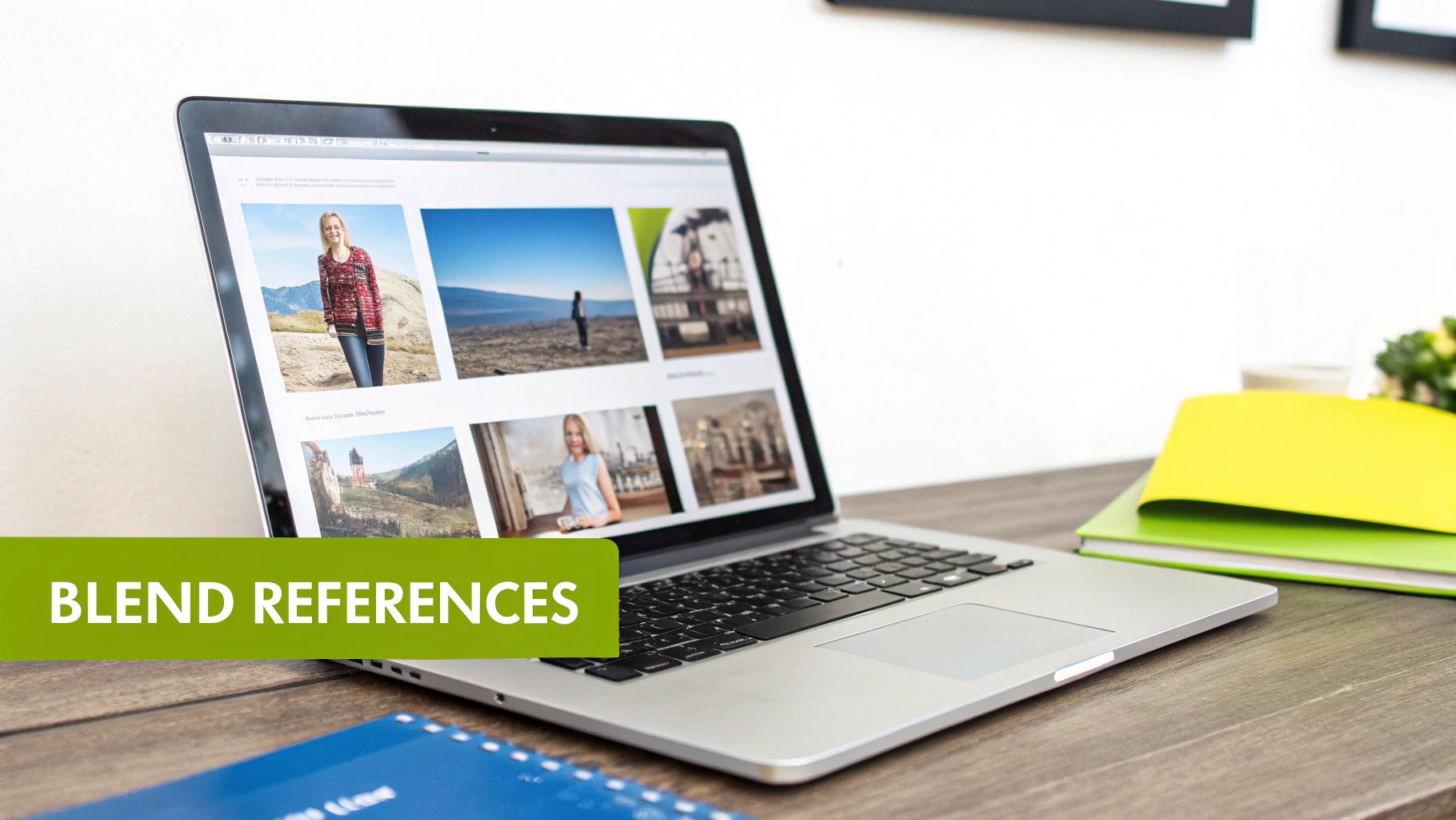 A laptop displaying a grid of images on a website, next to colorful notebooks on a wooden desk.