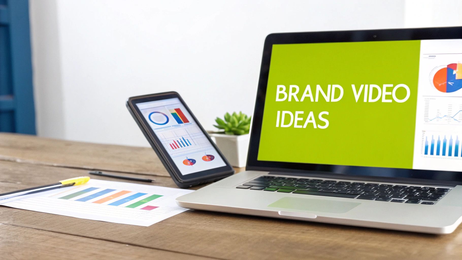 A laptop showing 'BRAND VIDEO IDEAS', a smartphone with graphs, and business documents on a wooden desk.