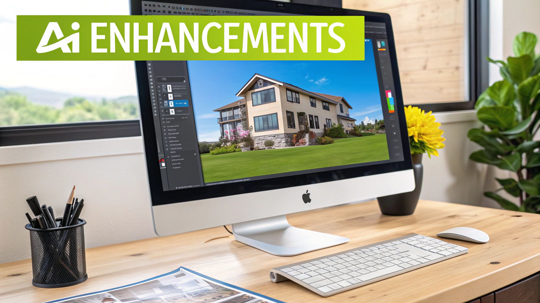 Desktop computer displaying a house image being enhanced by AI photo editing software for real estate.